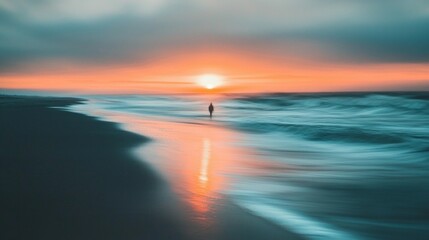 Aufkleber - As the sun dips below the horizon, gentle waves lap against the shoreline, creating a tranquil moment for a solitary figure immersed in the stunning colors of dusk