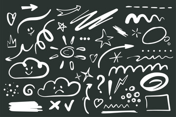 Leinwandbilder - Line shape marker set elements in flat graphic design. Bundle objects of white doodle drawings with arrows, stars, clouds, sun, curls, circle, square, dots, tick, heart, other. Vector illustration.