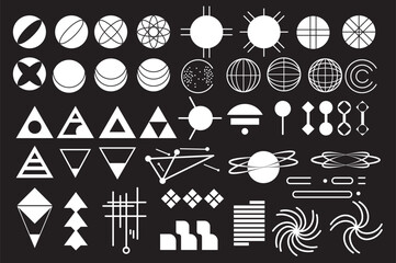Aufkleber - Retro futuristic y2k set elements in flat graphic design. Collection of basic white geometric shapes, rounds, spheres and triangles with mesh, lines, links, abstract grids, other. Vector illustration.