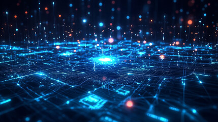 Poster - digital city in space. computer of future, circuit board and hardware 3d illustration. wireless inte