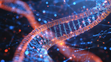 Poster - Genome structure. Medical research and Internet technologies. Nanotechnology in action. Molecule 3D illustration. Lab of the future and collecting global data