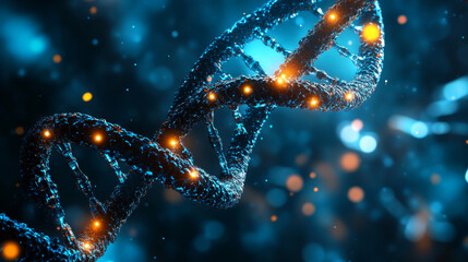 Poster - Genome structure. Medical research and Internet technologies. Nanotechnology in action. Molecule 3D illustration. Lab of the future and collecting global data