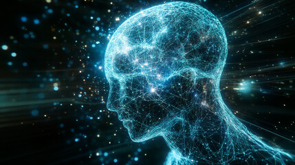 Poster - Block chain network and programming concept. Global artificial intelligence. Hologram of the neural network. HUD display 3D illustration