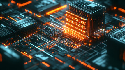 Poster - Global database. Motherboard, processor, CPU, quantum computer 3D illustration. High tech, Blockchain, Cyberspace, Innovation and technology