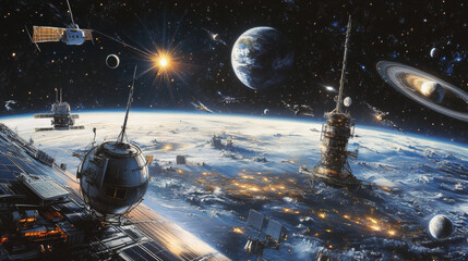 Poster - the global communication network around planet earth. raster illustration