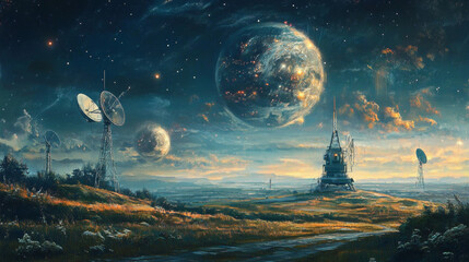 Poster - the global communication network around planet earth. raster illustration