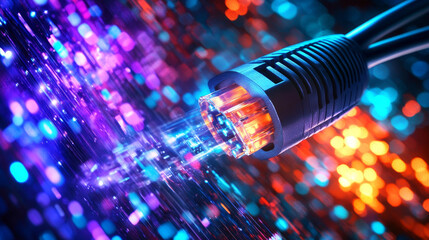 Poster - High-speed data flow, information processing. Big data analytics. Inside the internet cable. Digital funnel of encoded data. Cyberspace gate 3D illustration