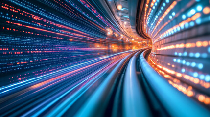 Poster - High-speed data flow, information processing. Big data analytics. Inside the internet cable. Digital funnel of encoded data. Cyberspace gate 3D illustration
