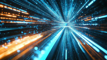 Poster - Digital technology. High speed data transfer. Information flow in 3D illustration. Movement in futuristic neon cyberspace