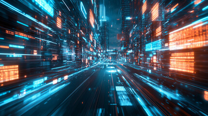 Poster - Digital technology. High speed data transfer. Information flow in 3D illustration. Movement in futuristic neon cyberspace