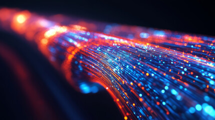 Poster - Neon rays virtual flight. 3D illustration of computer code flowing inside cable. High-speed data transmission tunnel. Internet Gateway Data Flow