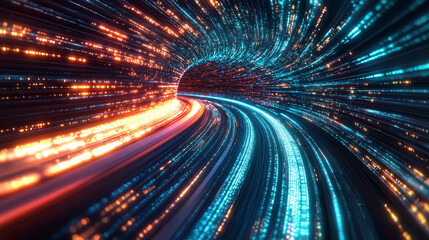 Poster - Neon rays virtual flight. 3D illustration of computer code flowing inside cable. High-speed data transmission tunnel. Internet Gateway Data Flow