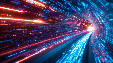 Poster - Neon rays virtual flight. 3D illustration of computer code flowing inside cable. High-speed data transmission tunnel. Internet Gateway Data Flow