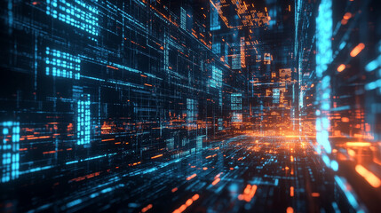 Poster - High-speed data transfer. Big data visualization, internet technology 3D illustration. Neural network control, futuristic digital background. Data flow and business intelligence presentation