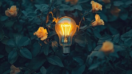 Poster - A glowing light bulb floats amidst vibrant yellow roses, casting a warm glow over the lush green leaves. The setting sun creates a magical ambiance in this enchanting garden