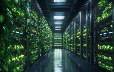 Poster - Sustainable digital transformation with cloud computing and green technology in a hightech server room, using renewable energy and natureinspired ecofriendly design
