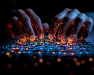 Poster - Closeup of hands typing on a laptop keyboard with dynamic digital network graphics, representing global connectivity, data flow, and modern technological communication