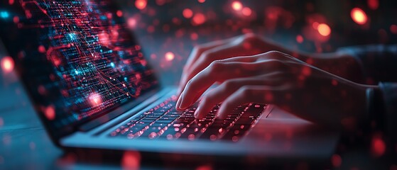 Poster - Digital network graphics overlaying hands typing on a laptop keyboard, representing the fusion of data technology, global connectivity, and modern communication systems