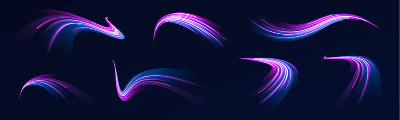 Wall Mural - neon purple line stretches with speed on an expressway, creating an effect of blue light in the back