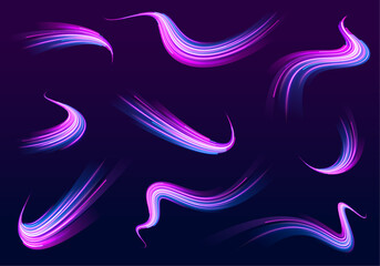 Poster - Speed on the expressway creates an effect of blue light in the background, with neon purple lines forming an abstract futuristic police scene. A bright design in vector illustration showcases png