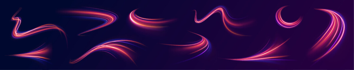 Poster - Neon purple line stretches with speed on an expressway, creating an effect of blue light in the background. Abstract futuristic police aesthetics blend with bright design in vector illustration png