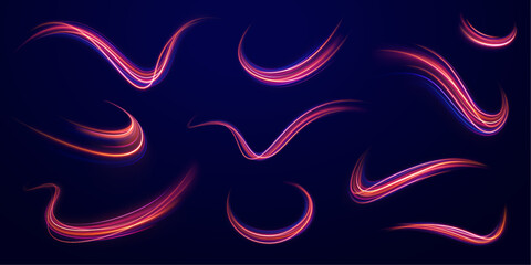 Poster - Neon purple line streaks with speed on the expressway, creating an effect of blue light in the background. Abstract futuristic police aesthetics merge with bright design in vector illustration png