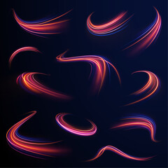 Poster - Light from neon purple lines moves with speed on the expressway, creating an effect of blue in the background. Abstract futuristic police aesthetics merge with bright design in vector png