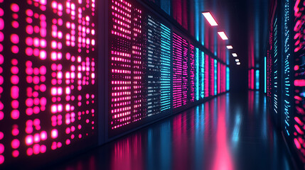 Poster - Neonlit data corridor.  Futuristic server room with vibrant pink and blue LED lights illuminating rows of data streams.  Perfect for tech, AI, cybersecurity, and digital concepts.