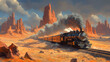 © ภูริพัฒน์ ภิรมย์กิจ - Old West Train Journey: A classic steam train steams across a desert landscape, framed by towering red rock formations and a dramatic sky, capturing the spirit of adventure and the American West.