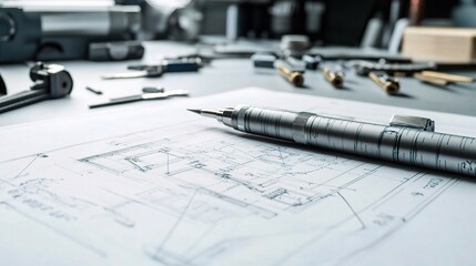 Poster - Technical Drawing on Desk with Tools and Equipment in Background