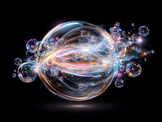 Poster - Luminous Sphere with Swirling Lights and Bubbles on Black Background