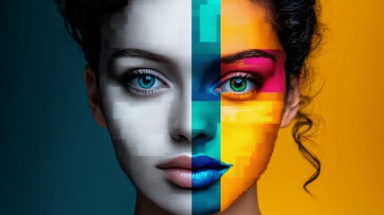 Wall Mural - woman's face is split into two halves, one half is blue
