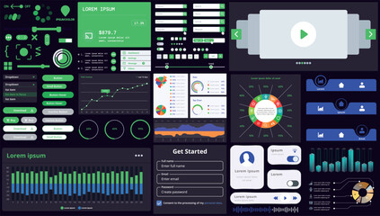 A set of interface elements for apps and websites with a modern design: buttons, menus, charts, and sliders, perfect for finance, business, and multimedia with colorful accents.