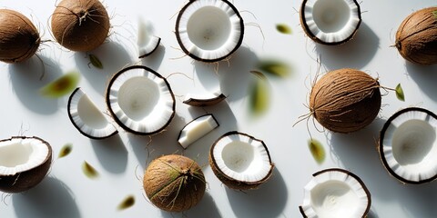 Poster - fresh coconuts scattered on a surface with white flesh and brown shells showcasing nature's bounty i