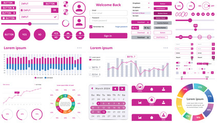 A set of modern interface elements for apps and websites: buttons, graphs, charts, and menus, perfect for business, dashboards, and responsive layouts.