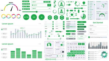 A set of modern interface elements for apps and websites: buttons, graphs, charts, and menus, perfect for business, dashboards, and responsive layouts.