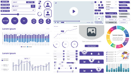 A set of modern interface elements for apps and websites: buttons, graphs, charts, and menus, perfect for business, dashboards, and responsive layouts.