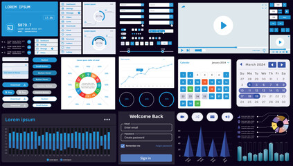 A set of modern interface elements for apps and websites: buttons, graphs, charts, and menus, perfect for business, dashboards, and responsive layouts.