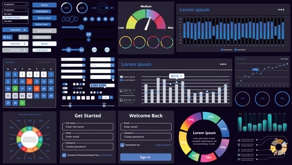 A set of modern interface elements for apps and websites: buttons, graphs, charts, and menus, perfect for business, dashboards, and responsive layouts.