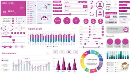 A set of modern interface elements for apps and websites: buttons, graphs, charts, and menus, perfect for business, dashboards, and responsive layouts.