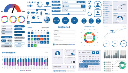 A set of modern interface elements for apps and websites: buttons, graphs, charts, and menus, perfect for business, dashboards, and responsive layouts.