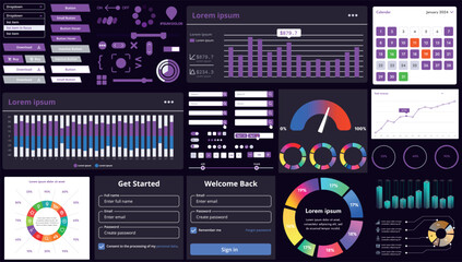 A set of modern interface elements for apps and websites: buttons, graphs, charts, and menus, perfect for business, dashboards, and responsive layouts.