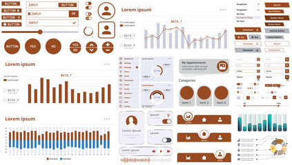 A set of modern interface elements for apps and websites: buttons, graphs, charts, and menus, perfect for business, dashboards, and responsive layouts.