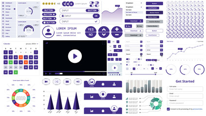 A set of modern interface elements for apps and websites: buttons, graphs, charts, and menus, perfect for business, dashboards, and responsive layouts.