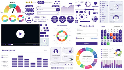 A set of modern interface elements for apps and websites: buttons, graphs, charts, and menus, perfect for business, dashboards, and responsive layouts.