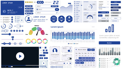 A set of modern interface elements for apps and websites: buttons, graphs, charts, and menus, perfect for business, dashboards, and responsive layouts.