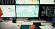 © peopleimages.com - Screen, ecology and hand for map data with news, wind research or reporter. Presenter man, weather broadcast and journalist for forecast on media report for meteorology update or climate change