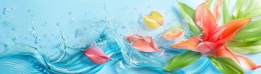 Wall Mural - flower splashing in blue water, a captivating closeup of nature's beauty