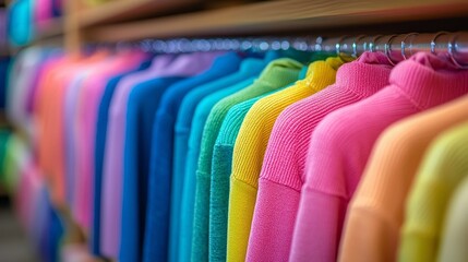 Poster - Rows of soft, warm sweaters in various colors fill the shelves of a trendy boutique. The cheerful hues create a joyful atmosphere, perfect for shoppers seeking stylish comfort on a sunny day