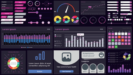 Poster - set of modern interface elements for apps and websites: buttons, menus, graphs and charts for busine
